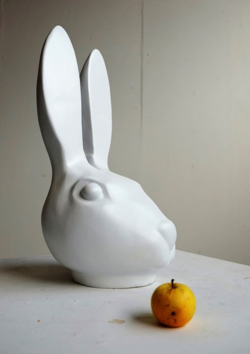 Sculpture titled "White Rabbit" by Silvano Possenti, Original Artwork, Plaster