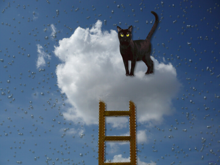 Digital Arts titled "cat on the cloud" by Silvia Baldi, Original Artwork, Digital Painting