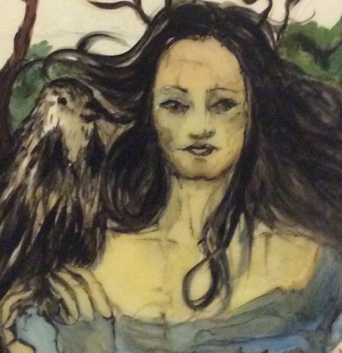 Malarstwo zatytułowany „Donna con corvo” autorstwa Silvia Battaglia, Oryginalna praca, Malarstwo witrażowe