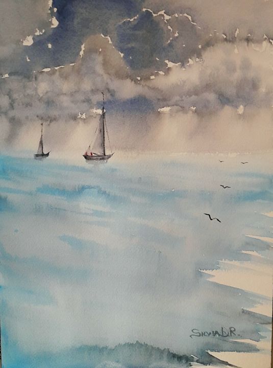 Painting titled "Sailboats" by Silvia D.R., Original Artwork