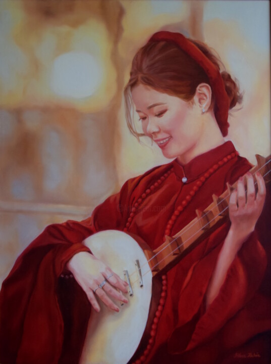 Painting titled "Enchanted by music 4" by Silvia Habán, Original Artwork, Oil Mounted on Wood Stretcher frame