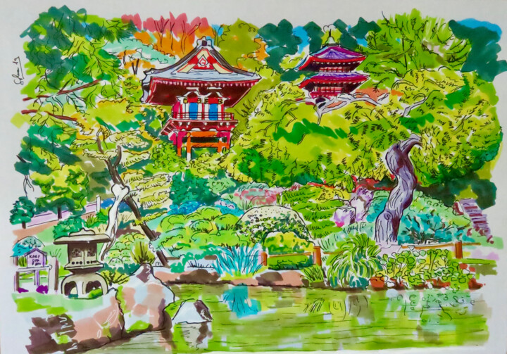 Drawing titled "JARDIN JAPONES" by Silvia Sierra Sanchez, Original Artwork, Marker