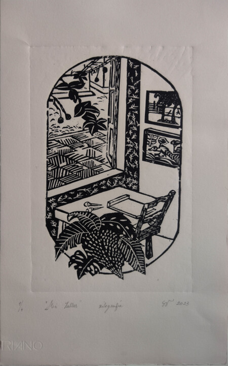 Gravures & estampes intitulée "Mi taller" par Silvia Valdano, Œuvre d'art originale, Xylographie