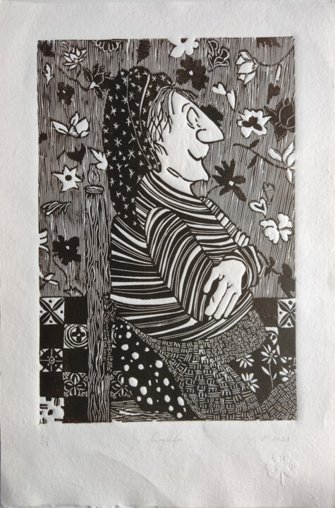 Printmaking titled "Anciana" by Silvia Valdano, Original Artwork, Linocuts