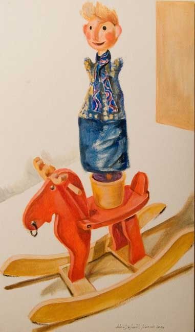 Painting titled "burattino a dondolo" by Silvia Benfenati, Original Artwork, Other Mounted on Cardboard