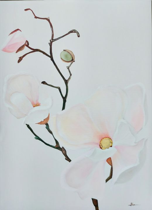 Painting titled "Magnolia" by Silvia Ene, Original Artwork, Acrylic Mounted on Wood Panel