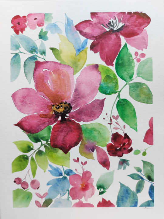 Painting titled "Spring Bouquet 1/6" by Silvia Ene, Original Art, Watercolor