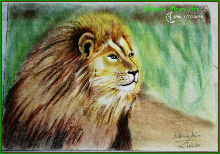 Dibujo titulada "Leão na Floresta." por Silviane Moon, Obra de arte original, Tiza