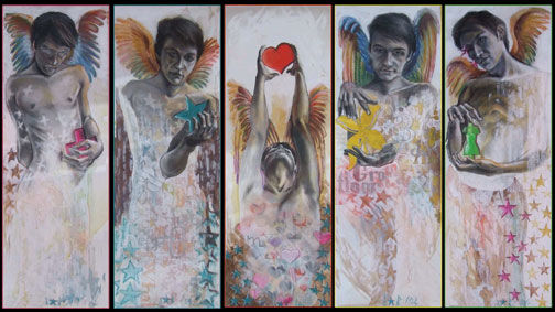 Painting titled "Angels and iconic s…" by Silvia-Alexandra Pintilie, Original Artwork
