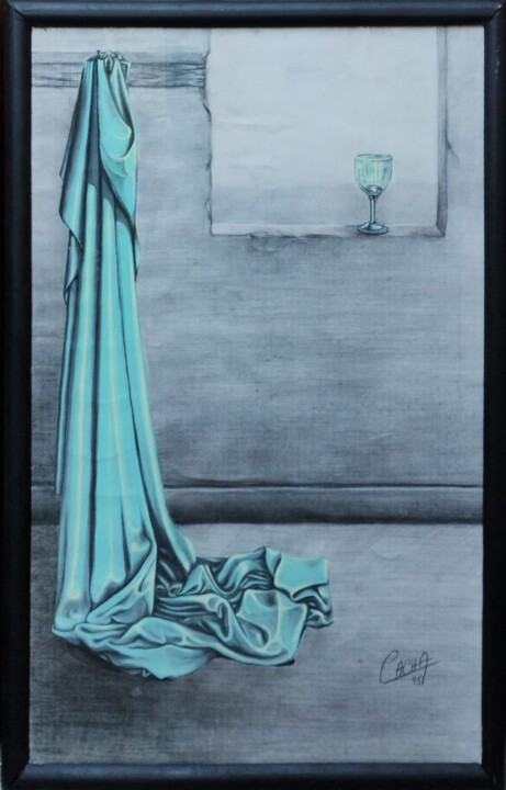 Drawing titled "Turquesa" by Silvia R Tavieres, Original Artwork, Charcoal Mounted on Wood Panel