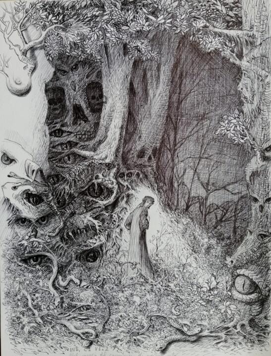 Disegno intitolato "Dante-Inferno: Cant…" da Silvio Ricci, Opera d'arte originale, Biro