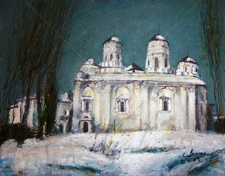 Painting titled "Evening and Monaste…" by Silviu Parascan, Original Artwork, Oil