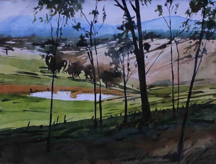Painting titled "Landscape - 014" by Sima Arts Gallery, Original Artwork, Watercolor