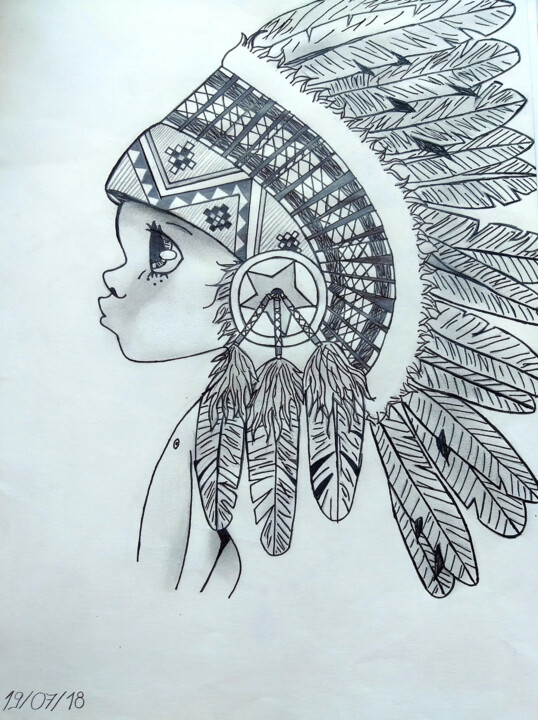 Desenho intitulada "Le petit indien" por Simart, Obras de arte originais, Grafite