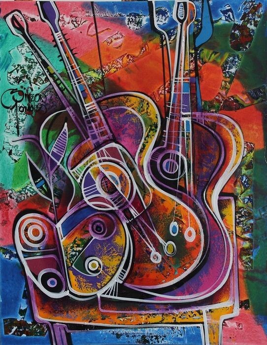 Painting titled "Guitarras Andinas" by Simeón Gonzales, Original Artwork, Acrylic