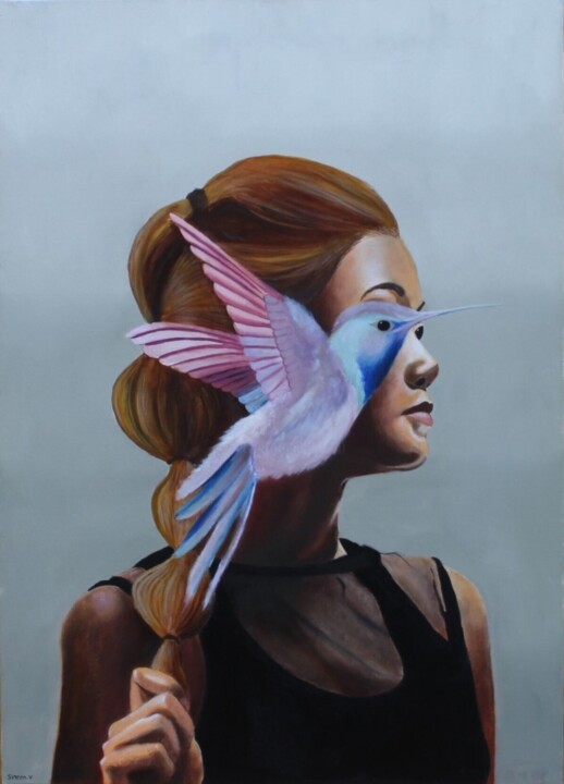 Painting titled "Ηummingbird" by Sumeon Barias, Original Artwork, Oil