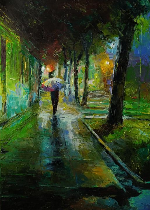 绘画 标题为“Rainy Evening” 由Serhii Simkhe, 原创艺术品, 油 安装在木质担架架上
