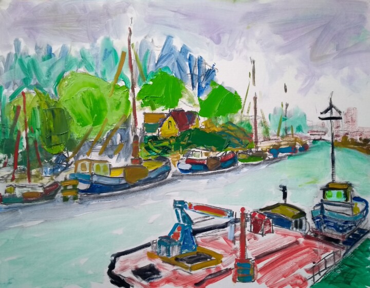 Painting titled "Oude boten bij Alkm…" by Simon Borst, Original Artwork, Oil