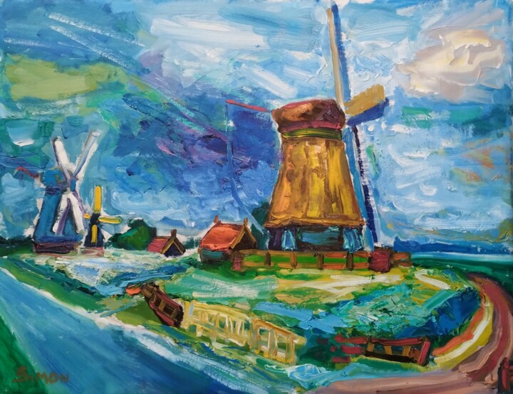 Painting titled "Dutch landscape by…" by Simon Borst, Original Artwork, Oil Mounted on Other rigid panel