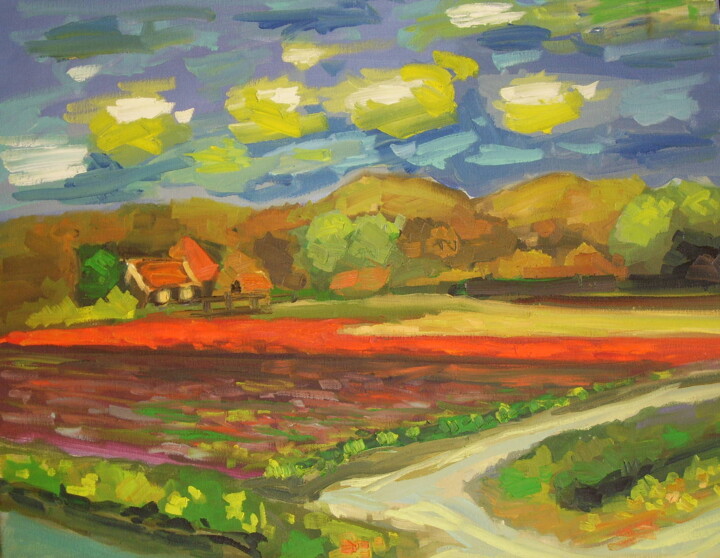 Painting titled "TULLIP FIELD AT THE…" by Simon Borst, Original Artwork