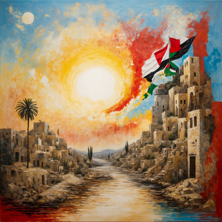 Digitale Kunst getiteld "Palestine town #3" door Simon Dara, Origineel Kunstwerk, AI gegenereerde afbeelding