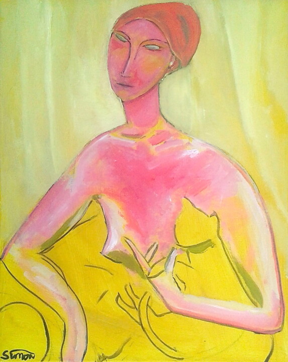 Painting titled "woman & cat (yellow)" by Simon Taylor, Original Artwork