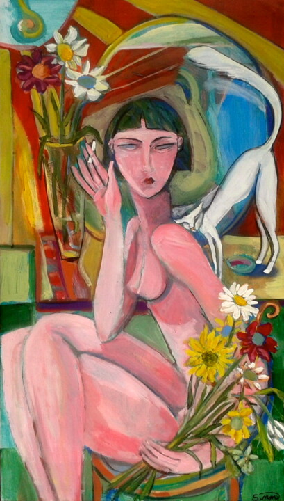 Painting titled "woman/flowers" by Simon Taylor, Original Artwork