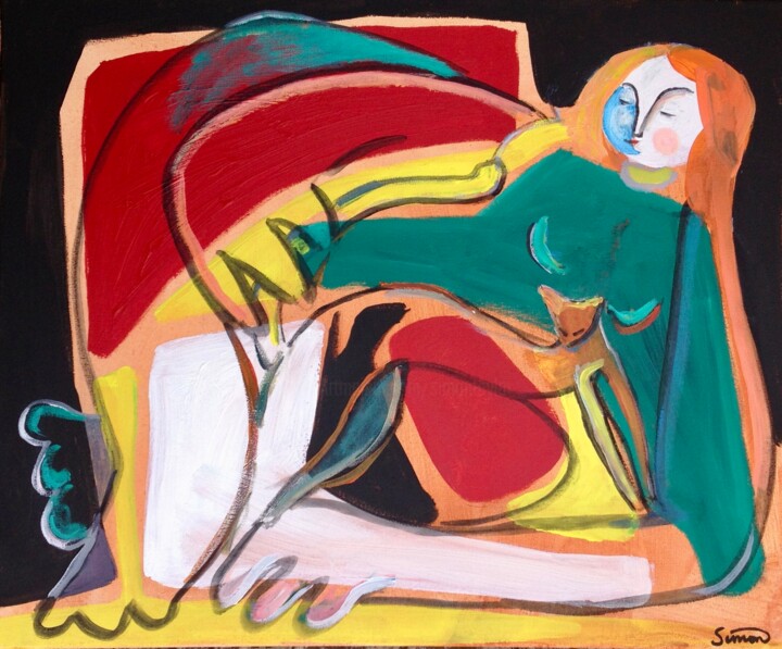 Painting titled "woman  reclining wi…" by Simon Taylor, Original Artwork, Acrylic