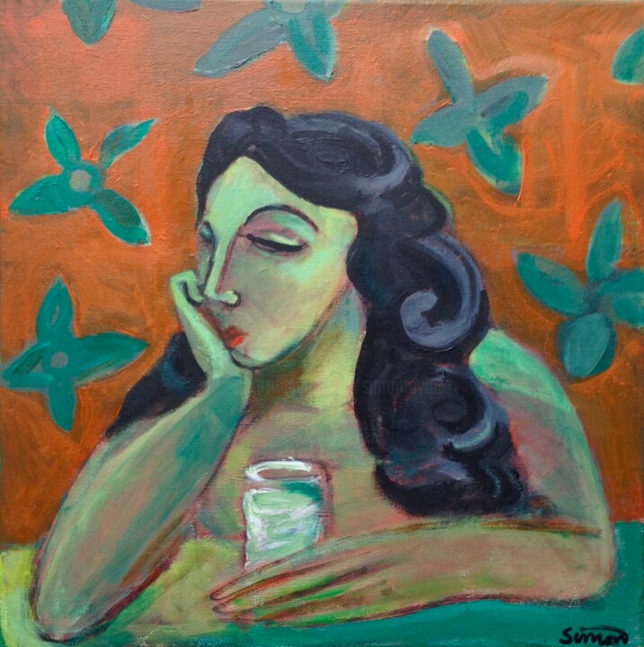 Painting titled "woman in thought" by Simon Taylor, Original Artwork, Acrylic