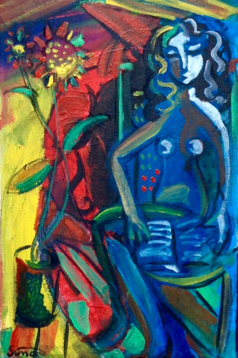 Painting titled "woman reading with…" by Simon Taylor, Original Artwork, Acrylic