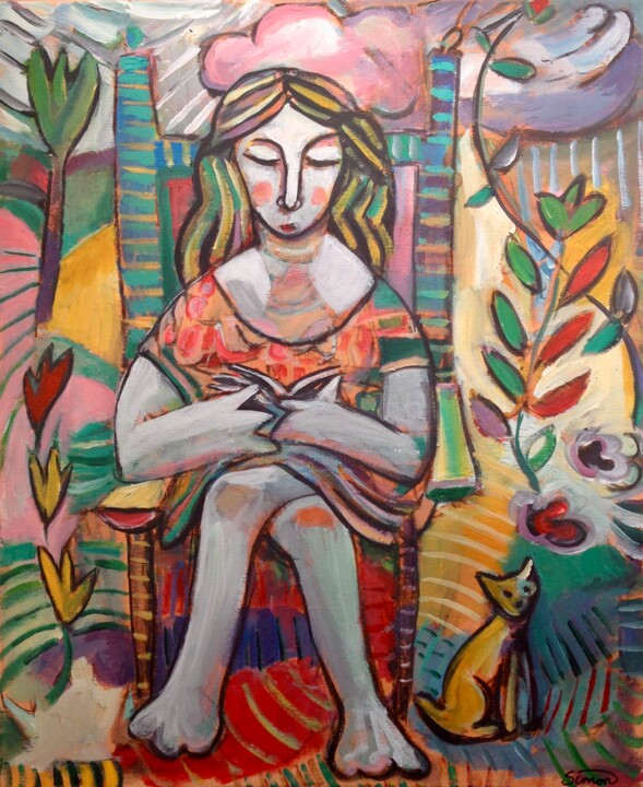 「woman reading 4」というタイトルの絵画 Simon Taylorによって, オリジナルのアートワーク, アクリル