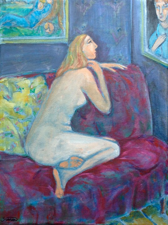 Painting titled "woman looking at pa…" by Simon Taylor, Original Artwork, Acrylic