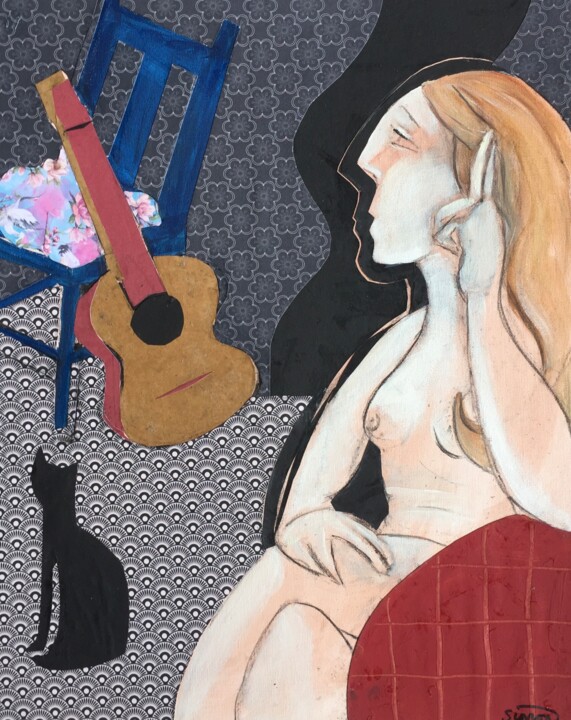 Colagens intitulada "woman  & guitar 4" por Simon Taylor, Obras de arte originais, Acrílico