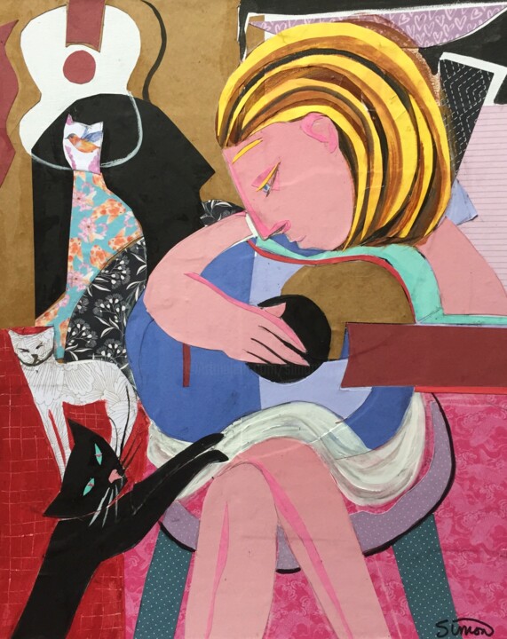 Collages titled "woman  & guitar wit…" by Simon Taylor, Original Artwork, Acrylic