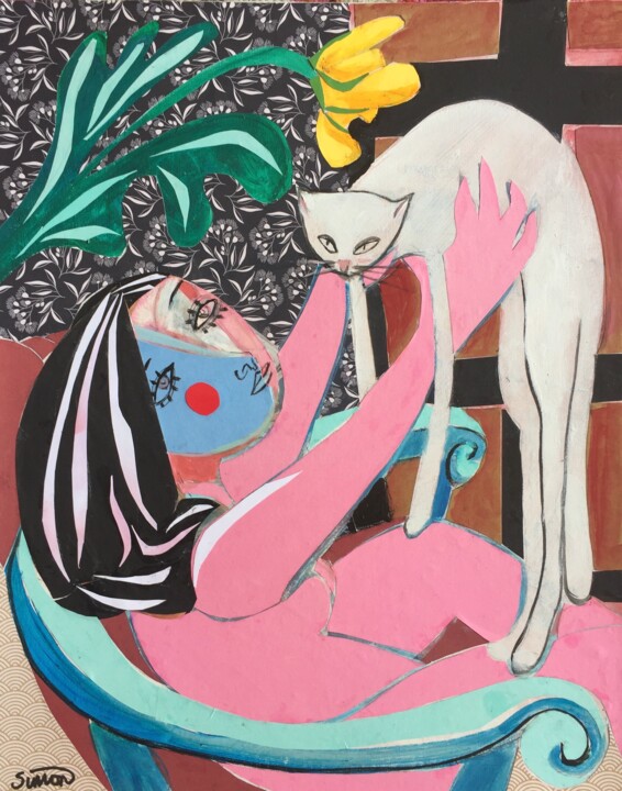 Colagens intitulada "woman & cat 2" por Simon Taylor, Obras de arte originais, Acrílico