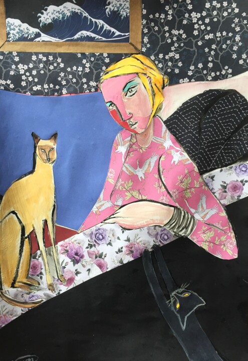Kolaże zatytułowany „woman and cats 2” autorstwa Simon Taylor, Oryginalna praca, Akryl
