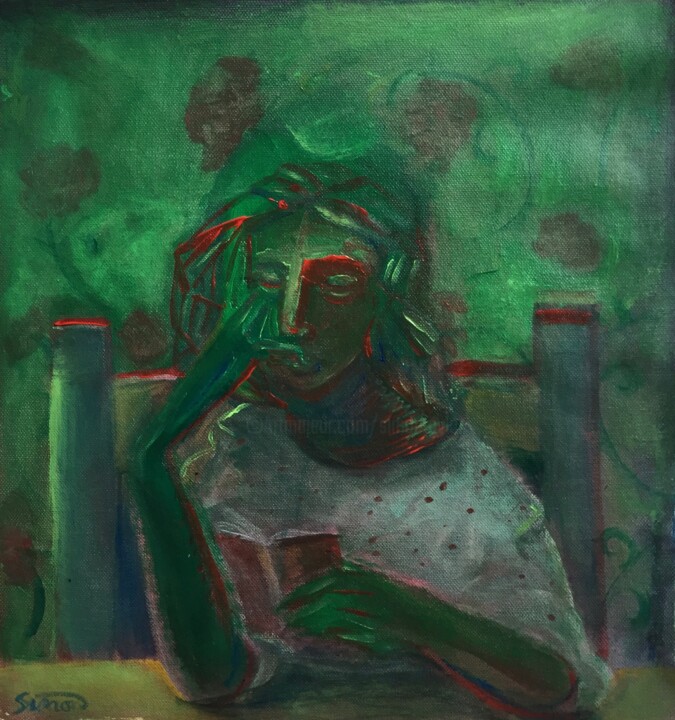 Painting titled "reading-green-" by Simon Taylor, Original Artwork, Acrylic