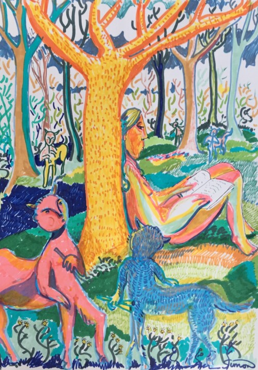 Σχέδιο με τίτλο "forest reading" από Simon Taylor, Αυθεντικά έργα τέχνης, Γέλη στυλό