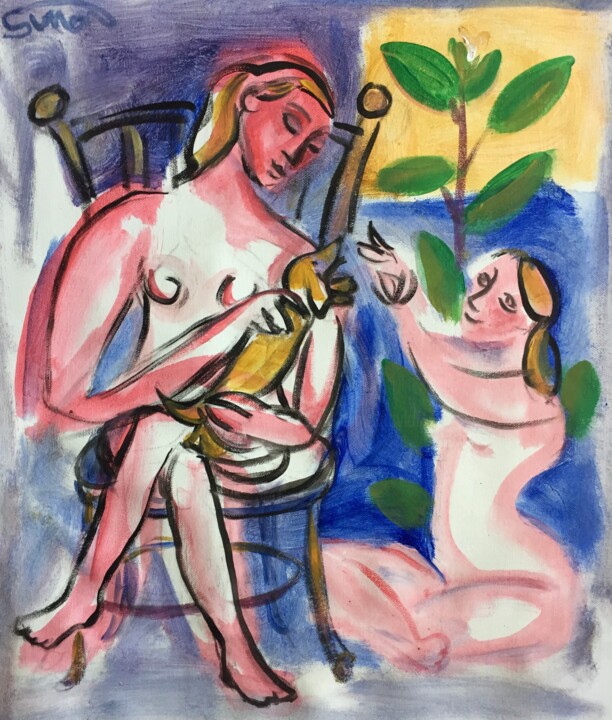 Painting titled "woman seated with d…" by Simon Taylor, Original Artwork, Acrylic