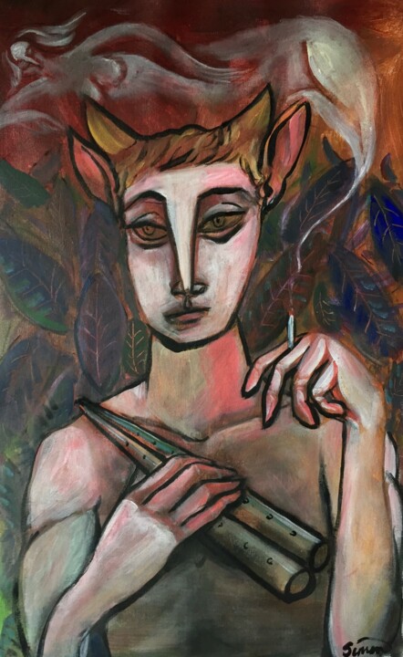 Painting titled "fawn smoking" by Simon Taylor, Original Artwork, Acrylic