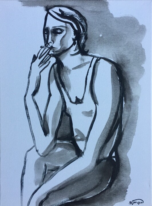 Painting titled "woman smoking (3)" by Simon Taylor, Original Artwork, Acrylic