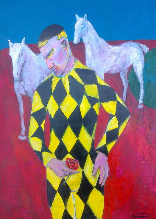 Schilderij getiteld "figure & horses" door Simon Taylor, Origineel Kunstwerk