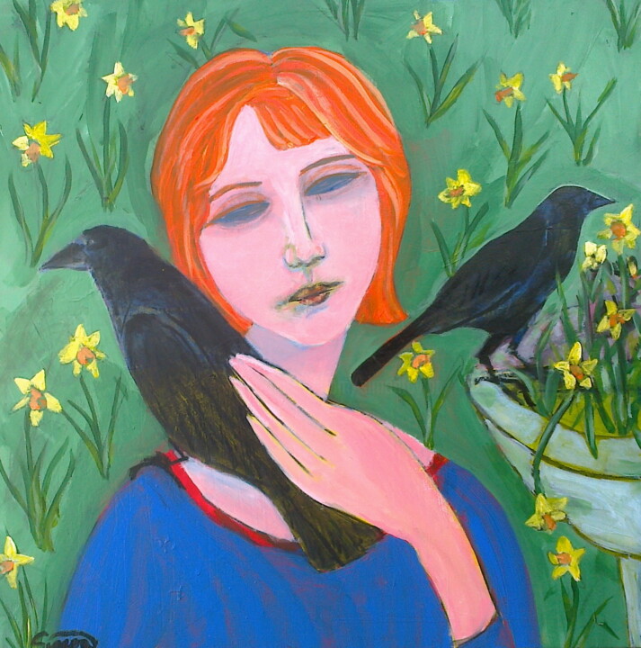 Painting titled "woman & crows" by Simon Taylor, Original Artwork