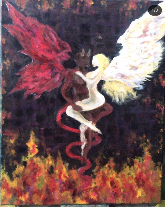 Painting titled "Angel and devil" by Anna Simonova, Original Artwork, Oil