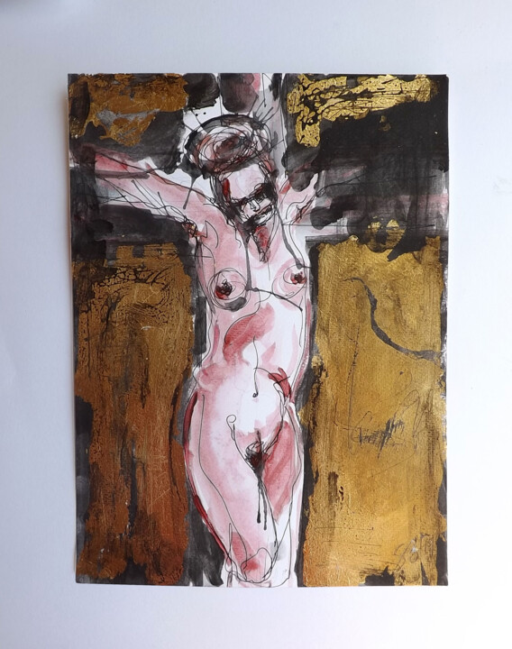 Drawing titled "Crucifixio #1" by Simona Barreca, Original Artwork, Watercolor