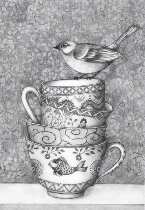 Σχέδιο με τίτλο "uccellino con tazze" από Simona Lanza, Αυθεντικά έργα τέχνης, Μολύβι