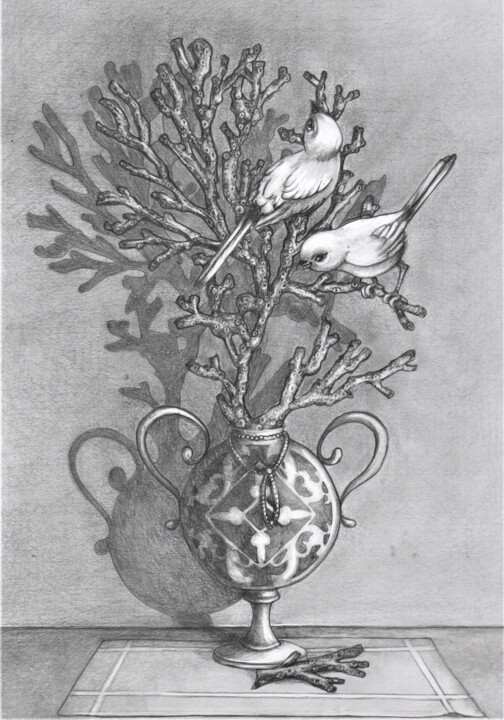 Σχέδιο με τίτλο "uccellino con coral…" από Simona Lanza, Αυθεντικά έργα τέχνης, Μολύβι