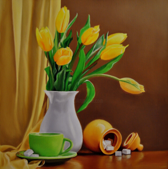 Painting titled "Still life with lem…" by Simona Tsvetkova, Original Artwork, Oil Mounted on Wood Stretcher frame