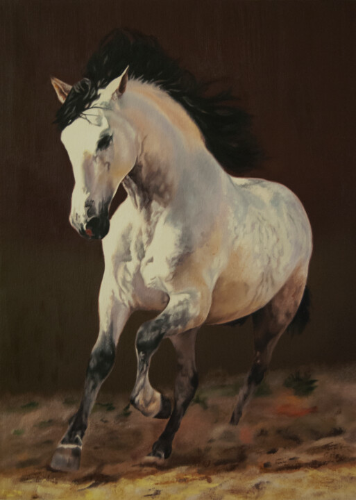 Painting titled "Running horse" by Simona Tsvetkova, Original Artwork, Oil Mounted on Wood Stretcher frame
