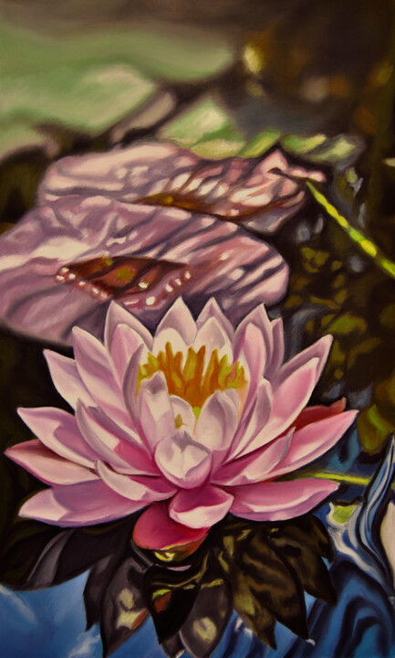 Painting titled "Water Lilies" by Simona Tsvetkova, Original Artwork, Oil Mounted on Wood Stretcher frame